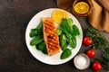 Baked or fried salmon and salad, Paleo, keto, fodmap, dash diet. Mediterranean food with steamed fish, top view
