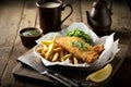 Baked fried traditional fish and chips dish with sauce