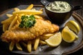 Baked fried traditional fish and chips dish with sauce