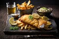 Baked fried traditional fish and chips dish with sauce