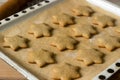 Baked gingerbread on baking sheet without decoration. Royalty Free Stock Photo