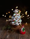 Baked gingerbread christmas tree on wooden background. Close-up Royalty Free Stock Photo