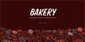 Bakery decor design template with bottom pattern with desserts, bread, loaf, wheat, baguette, donut, cupcakes isolated on dark bac