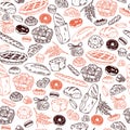 Vector seamless pattern with bakery goods - pie, bread, cookie, donut, croissant - outline isolated objects on white background.