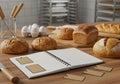 Baked goods and notebook on wooden table Royalty Free Stock Photo