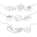 Baked goods one line set art. Continuous line drawing of eclair, pie, cinnabon, donut, pretzel, bun.