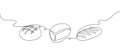 Baked goods one line set art. Continuous line drawing of loaf, rye bread, brick. Royalty Free Stock Photo