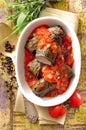 Baked grape leaves rolls stuffed with meat and rice. Royalty Free Stock Photo