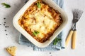 Baked gratin with chicken, vegetables in a tomato sauce with cheese.