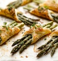 Baked green asparagus in puff pastry sprinkled with sesame seeds, nigella seeds and fresh thyme on a white background, close-up, t Royalty Free Stock Photo