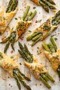 Baked green asparagus in puff pastry sprinkled with sesame seeds, nigella seeds and fresh thyme on a white background, close-up, t Royalty Free Stock Photo