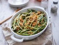 Baked green bean casserole topped with french fried onions Royalty Free Stock Photo