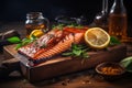 Baked or grilled salmon with asparagus and lemon - healthy seafood recipe for a nutritious meal Royalty Free Stock Photo