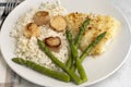 baked haddock with pan sheared scallops Royalty Free Stock Photo