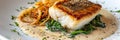 Baked Halibut Fillet, Grilled Sea Food, White Fish, Pollock or Cod Steak with Parsnip Cream