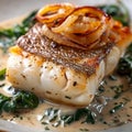 Baked Halibut Fillet, Grilled Sea Food, White Fish, Pollock or Cod Steak with Parsnip Cream