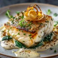 Baked Halibut Fillet, Grilled Sea Food, White Fish, Pollock or Cod Steak with Parsnip Cream