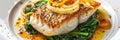 Baked Halibut Fillet, Grilled Sea Food, White Fish, Pollock or Cod Steak with Parsnip Cream