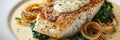 Baked Halibut Fillet, Grilled Sea Food, White Fish, Pollock or Cod Steak with Parsnip Cream
