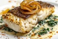 Baked Halibut Fillet, Grilled Sea Food, White Fish, Pollock or Cod Steak with Parsnip Cream