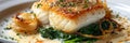 Baked Halibut Fillet, Grilled Sea Food, White Fish, Pollock or Cod Steak with Parsnip Cream