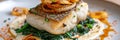 Baked Halibut Fillet, Grilled Sea Food, White Fish, Pollock or Cod Steak with Parsnip Cream