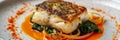Baked Halibut Fillet, Grilled Sea Food, White Fish, Pollock or Cod Steak with Parsnip Cream