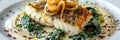 Baked Halibut Fillet, Grilled Sea Food, White Fish, Pollock or Cod Steak with Parsnip Cream
