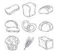 Baked icon set with bread, muffin, loaf, whole, slice and wheat isolated on white