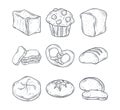 Baked icon set, breads pretzel, muffin, whole and more isolated on white