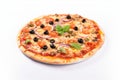 Baked Italian pizza on a crispy dough on a white background. Generative ai