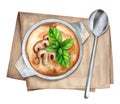 Baked julienne with mushrooms and chiken in a clay pot. Watercolor illustration