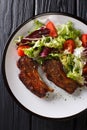 Baked lamb steak with honey served with fresh vegetable salad close-up on a plate. Vertical top view Royalty Free Stock Photo