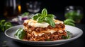 Baked lasagna with bolognese sauce and fresh basil. Generative AI