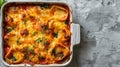 Baked lasagna casserole with melted cheese and herbs in a dish. Royalty Free Stock Photo