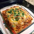 Baked lasagna with meat, cheese and vegetables in baking dish