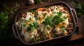 Baked lasagna with minced meat, mozzarella cheese and herbs. Generative AI