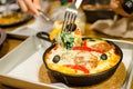 Baked Lasagna with minced pork bolognese sauce served in a black Royalty Free Stock Photo