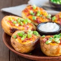 Baked loaded potato skins with cheddar cheese and bacon, garnish Royalty Free Stock Photo