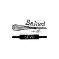 Baked with love hand draw kitchen tools, handwritten lettering.