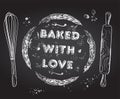 Baked with love rubber stamp imprint on a chalkboard