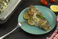 Baked mackerel carcass with lemon and vegetables on a plate Royalty Free Stock Photo