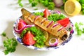 Baked mackerel with lemon, onion, herbs Royalty Free Stock Photo