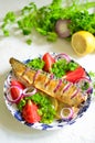 Baked mackerel with lemon, onion, herbs Royalty Free Stock Photo