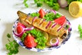 Baked mackerel with lemon, onion, herbs Royalty Free Stock Photo