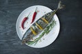 Baked mackerel with lemon on a white plate. Dark wooden background. Space for text