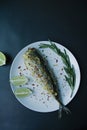 Baked mackerel served on a plate, decorated with spices, herbs and vegetables. Proper nutrition. View from above. Dark background Royalty Free Stock Photo