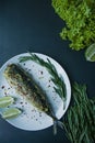 Baked mackerel served on a plate, decorated with spices, herbs and vegetables. Proper nutrition. View from above. Dark background Royalty Free Stock Photo