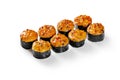 Baked maki sushi with browned hat of cheese, salmon and scallions