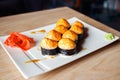 Baked Maki sushi, baked rolls on white rectangular plate. Eel, rice, nori seaweed, cream cheese, unagi sauce. Front view. Royalty Free Stock Photo